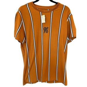 Aeropostale tee shirt Mens Orange and Navy Blue stripe with Logo NWT Size Med